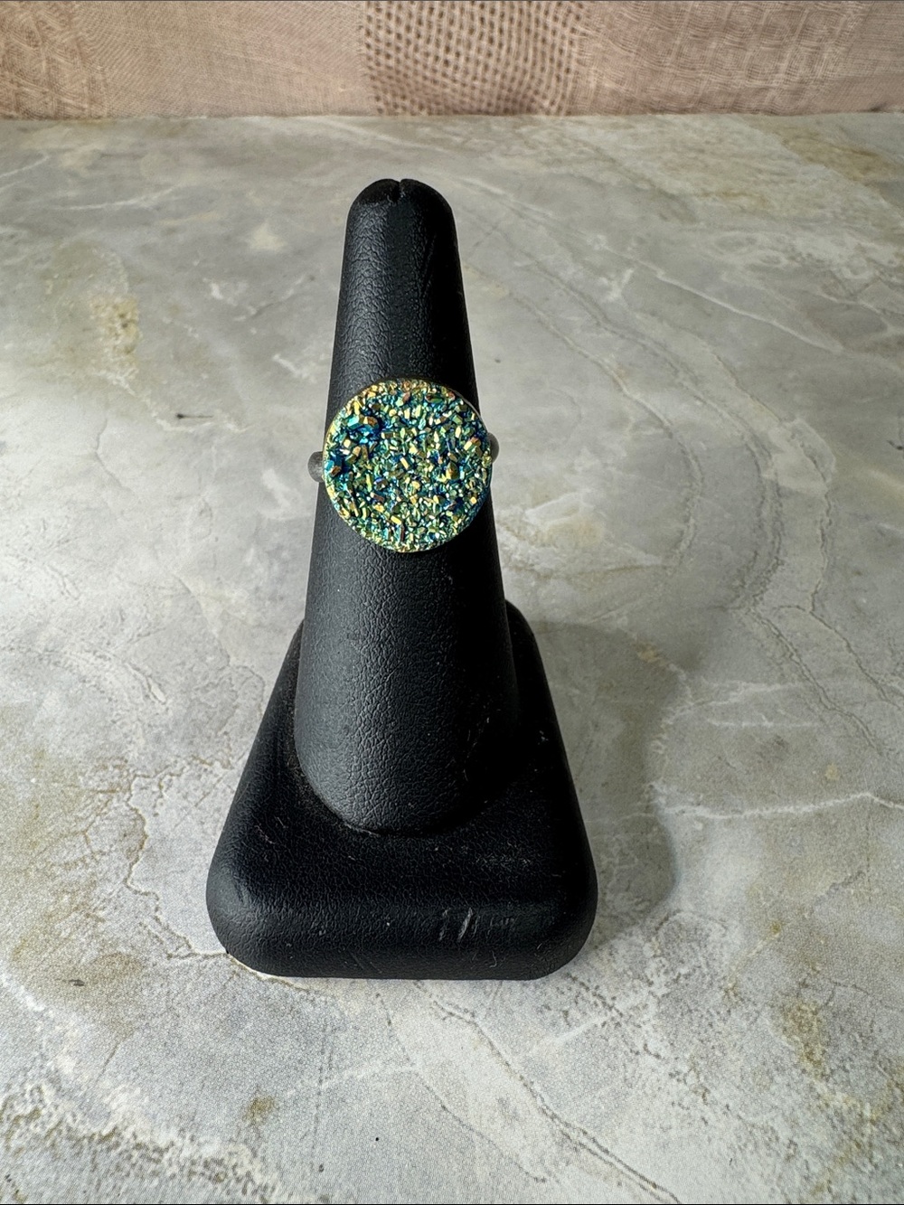 Round Druzy Statement Ring in Iridescent Blue-Green-gold boarder